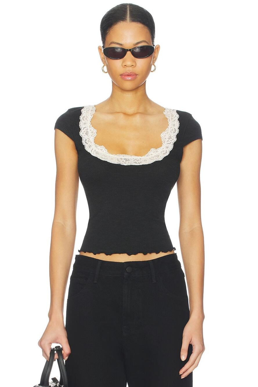Intimately Free People Womens L Black Oh My Darling Tee Crop Top Coquette V4-16